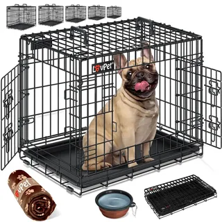 Lovpet LOVPET® Hundekäfig klappbar Hundetransportkäfig Inkl. Fleecedecke + Napf Hundebox mit 2 Türen Transportkäfig Auto, Tiertransportbox Hundetransportbox mit Bodenschale