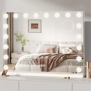 Hollywood LED-Schminkspiegel, 18 Glühbirnen, 80 x 58 cm, beleuchteter Schminktischspiegel, Touch-Steuerung, 3 Farben, einstellbare Helligkeit, Typ-C