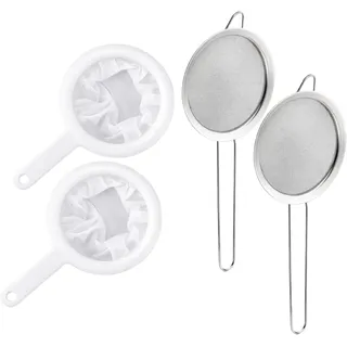 Haarsieb Küche, 4-teiliges Set mit Edelstahl- und Nylonfiltern, 200/400 Mesh, ideal zum Filtern von Kaffee, Tee und Säften, Maße 23,5 x 14,5 x 1,5 cm