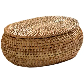 Rattankorb Ovaler Korb mit Deckel - Dekoratives Korborganisationssystem aus Baumwolle - 5,5 x 6,7 x 22,8 Zoll, Handgewebter Korb, Dekorationsbox für Desktop