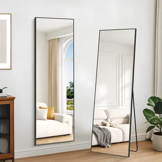 KOCUUY Rechteckig Ganzkörperspiegel, 147 x 44 cm Großer Standspiegel, Groß Wandspiegel mit Schwarz Aluminium Rahmen, Hängend, Stehend, Kippbar, für Wohnzimmer, Schlafzimmer und Flure