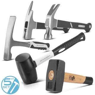 STAHLWERK Hammer Set Fäustel, Klauenhammer Maurerhammer, Latthammer Gummihammer
