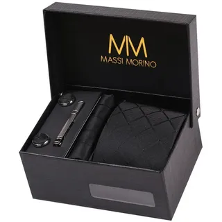 MASSI MORINO Krawatte Schwarz Quadrat mit Einstecktuch Set Herren inkl. Manschettenknöpfe, Krawattennadel und Geschenkbox | Männer Krawattenset zur Hochzeit - Einheitsgröße