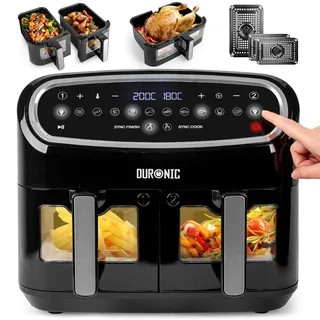 Duronic AF34 BK Heißluftfriteuse, XXL Heißluftfritteuse mit 2 Kammern für Pommes, Friteuse HLF 10L Volumen Airfryer, Air Fryer für Rezepte ohne Öl