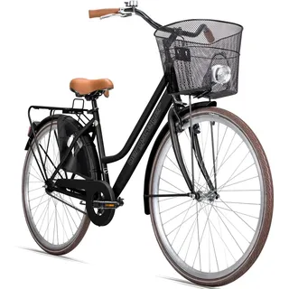 Bergsteiger Amsterdam Damenfahrrad 28 Zoll, mit Korb, Fahrrad-Licht, Rücktrittbremse, Rahmenhöhe 48 cm, Hollandrad im Retro-Design, Farbe Schwarz - Schwarz