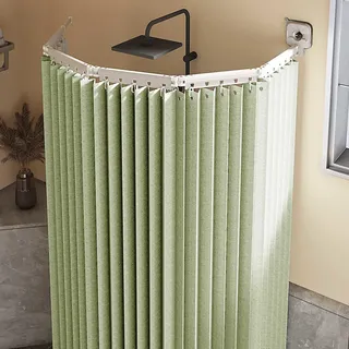 Duschvorhang Ohne Bohren,duschvorhangstange L/u Form Und Starker Saugnapf, Faltbarer Duschvorhänge Anti Schimmel Wasserdicht/waschbar Für Eckdusche, Shower Curtains,Green-5-Folds
