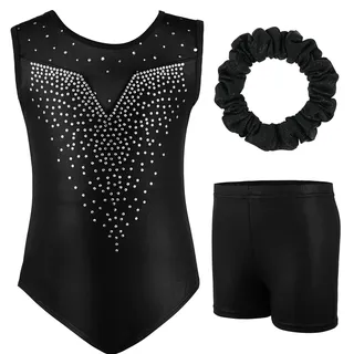 AOOWU Mädchen Dreiteilige Gymnastikanzüge, Gymnastikanzug Mädchen, Ärmelloser Gymnastikanzug mit Shorts und Haarband, Ballett Tanzender Leotard Gymnastik Outfit für Gymnastik, Wettkampf, Tanz(120)