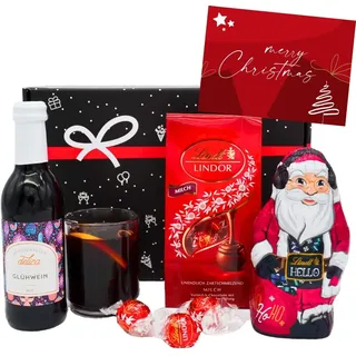 Geschenkbox-24 Geschenkset "Glühwein & Lindt Schokolade" | Weihnachten Präsentkorb gefüllt mit Wein, Nikolaus, Lindor Pralinen