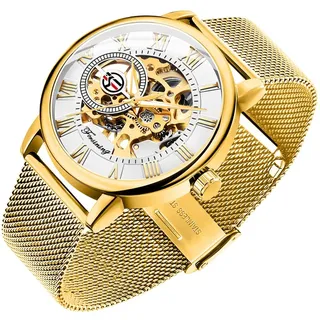 Dentily Herren-Skelett-Uhr, klassische römische Ziffern, Steampunk, mechanische Uhr, Handaufzug, Herrenuhren (blau), Gold&Weiß, Mechanische Skelett-Armbanduhr