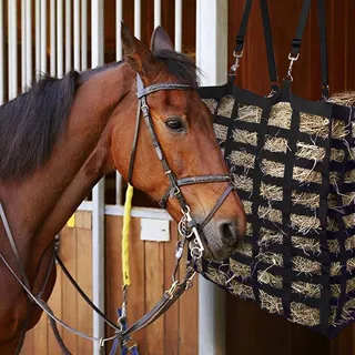 dellyy Heutasche Pferd, Heusack Heunetz für Pferde Groß, Pferde Futtersack, für Pferde Heuraufe, Oxford-Stoff (Black Grid, L)