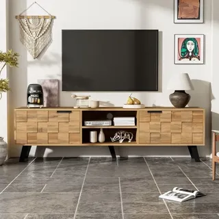 160 cm TV-Lowboard, mit 2 Aufbewahrungstüren, 2 offenen Nischen, Holzmaserung, Metallfüße, skandinavisch, Wohnzimmermöbel aus Holz – Natur