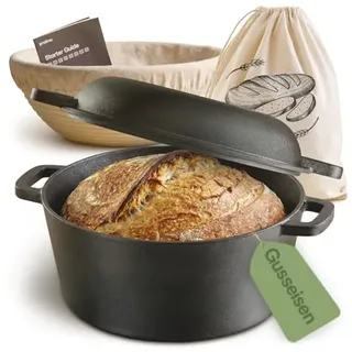 Praknu Gusseisen Brottopf Set Rund 4,7L mit Gärkörbchen & Leinenbeutel | Gr.: onesize