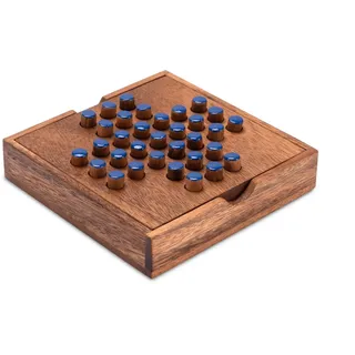 Logoplay Holzspiele LOGOPLAY Solitär Gr. L - Solitaire - Steckspiel - Denkspiel - Knobelspiel - Geduldspiel - Logikspiel aus Holz - Blaue Stecker