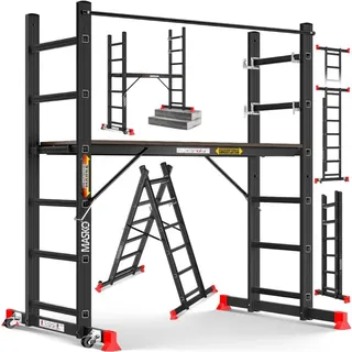 Masko Masko® Baugerüst Alugerüst Gerüst Alu Leiter Arbeitsgerüst Arbeitsbühne bis 150 KG belastbar Anti-Rutsch beschichtet Gerüstleiter Schwarz