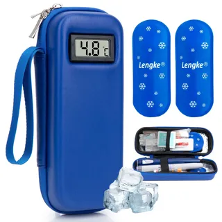 SUNMON Insulin Kühltasche mit Temperaturanzeige – Insulin Pen Tasche mit 2 TSA-Kühlakkus, 6–8 Stunden Kühlleistung Medikamenten Kühlbox für Reisen, geeignet für Alltag und den Reisen (Blau)