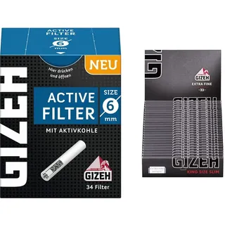 Gizeh Active Tips-Aktivkohlefilter mit Keramikkappen-10 x 34 Filter, Silber, smal & Black Pro 25 Heftchen à 34 King Size Slim Blättchen, Long Paper schwarz/lang