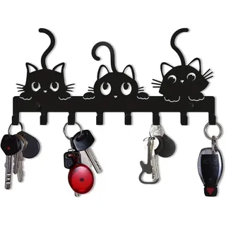Auledio Schlüsselbrett Metall-Schlüsselhalter – 7/8 Haken Organizer für Eingang, Flur & Büro, Katzendesign, geeignet für Flur, Haustüren, Schlafzimmer, Küchen schwarz 25.9 cm x 12 cm