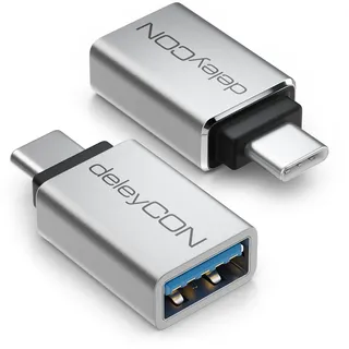 deleyCON USB-C auf USB Adapter USB 3.0 (2 Stück) - OTG Adapter 5 Gbit/s Thunderbolt für iPhone 17 16 15, Galaxy S25/S24, MacBook, iPad, iMac, Surface, Notebook, PC, Laptop, Tablet, Auto, Alu Gehäuse