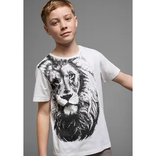 Kidsworld T-Shirt "Mit coolem LÖWEN-Print", Jungen, Gr. 140/146, weiß, Jersey, Obermaterial: 100% Baumwolle, bedruckt, Basic, Rundhals, Shirts T-Shirt, Kurzarm, Basic-Passform, bedruckt, Rundhalsausschnitt