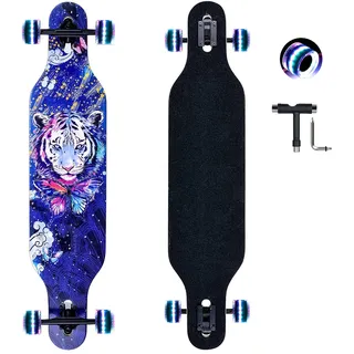 Longboard, 8-lagigem Ahornholz Cruiser komplettes Skateboard,Longboards für mädchen Erwachsene jung anfänger mit T-Tool und PU-Räder (Blau)