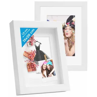 PHOTOLINI Bilderrahmen 2er Set 3D-Objektrahmen zum Befüllen mit Passepartout und Glasscheibe, für 2 Bilder (2er Set), Rahmen 15x20 cm für Objekte bis 1,5 cm Tiefe zum Basteln & Verschenken weiß 15 cm x 20 cm