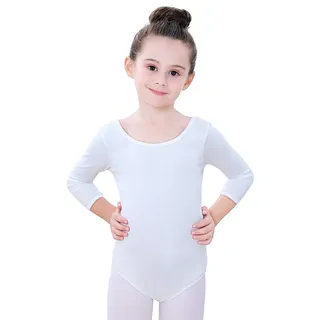 Soudittur Kinder Ballettanzug Baumwolle 3/4 Langarm Ballett Trikot Tanz-Body Turnanzug für Mädchen (Weiß, Tag 120(Höhe: 115-125 cm))
