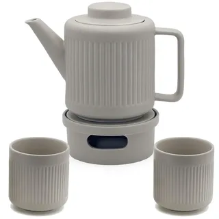 Bredemeijer Teekanne Set 1.2 Liter graues Porzellan mit Edelstahl Tee-Filter Sieb-Einsatz für losen Tee & Teebecher 2 Stück & Stövchen für 1 Teelicht - ideal für duftende & blumige Teesorten