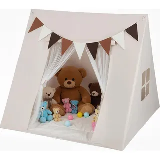 COSTWAY Spielhaus Kinder, Tipi Zelt für 2-3 Kleinkinder, Kinderzelt mit Flaggen & abwaschbarem Matte, Spielzelt für Kinder ab 3 Jahren, Beige - Beige