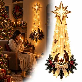 LED Bethlehem Stern Wandbehang Weihnachten beleuchtete Krippe | Warmes leuchtendes religiöses Ornament, 3D-Gold, Heiliges Dorf-Design für den Innenbereich, Kamin, Eingang
