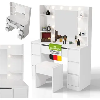Juskys Schminktisch Malia und Hocker Melly mit LED-Spiegel, Helligkeit & Farbtemperatur individuell einstellbar, viel Stauraum– Weiß