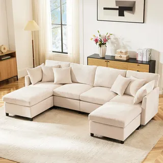 Merax Ecksofa (L/U-Form) Modulares 4-Sitzer Sofa mit umwandelbarem Fußhocker, Chenille-Stoff, Premium Komfort, Raumsparend & Wandelbar, Beige