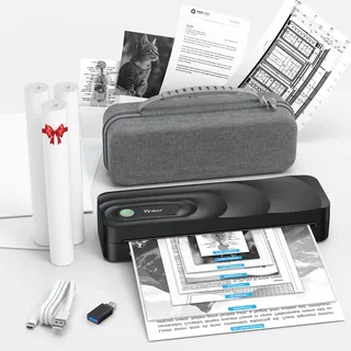 Yinker Tragbarer Thermodrucker A4 Bluetooth-Thermodrucker ohne Tinte, unterstützt US/A4 Thermopapier kompatibel mit iOS, Android, Laptop & PC, mit Tragetasche, 2 Papierrollen & 1 Faltpapier