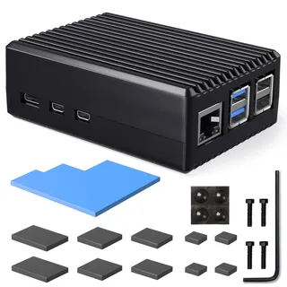 Miuzei Metal Gehäuse für Raspberry Pi 5 4GB 8gb:Rasberry Pi 5 Aluminium Passiv Cooling mit Kühlkörper Schwarz Box Gestreift Protection Gehaeuse, Quiet Case für Raspberry Pi 5 Board