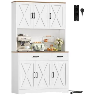 HOMECHO Küchenbuffet Weiß Küchenschrank mit Steckdosen, 6 Türen, 2 Schubladen, 180x105x38cm weiß