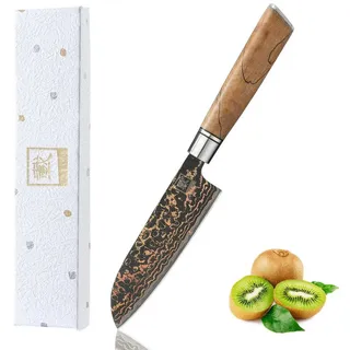 ZAYIKO Santokumesser BlackMagma Damast Kleines Santoku Küchenmesser 12 cm Kupfer-Bronze, schwarzer Damaststahl, Kupfer-Bronze-Einlage schwarz
