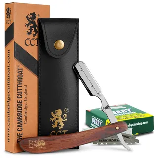 The Cambridge Cutthroat® Cut Throat Rasiermesser Rasierer-Set - Missanda Hartholz & Edelstahl Professioneller Friseur-Rasierer mit einer Klinge - Razor mit gerader Kante - Schnurrbart & Bartformer
