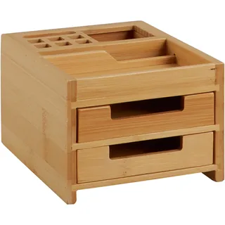Schreibtisch Organizer mit Schubladen, Stiftehalter aus Bambus mit 4 Fächern und 2 Schubladen, eignet sich als Stiftebox für den Bürotisch, braun