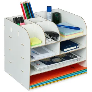 Relaxdays Schreibtisch Organizer mit Ablagefächern 27,5 x 32,5 x 25 cm Weiß 1 St.