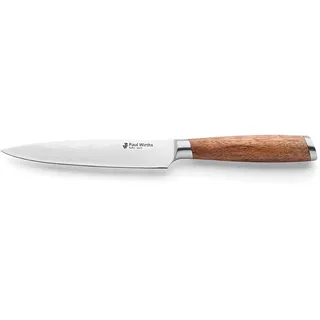 Paul Wirths SURU Allzweckmesser, Messer aus Damast-Stahl und mit Akazienholz Griff, 13 cm Klinge, Kochmesser, extrem scharf & schnitthaltig, Damast Küchenmesser, Gemüsemesser, Obstmesser