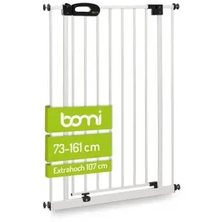 Bomi Türschutzgitter Extrahoch 107 cm | Merle Extra Hoch, Breite 73-161 (ohne Bohren, klemm- und verschraubbar, Weiß Metall), Treppenschutzgitter mit 90°-Festellfunktion 2-Wege-Öffnung weiß cm in für Hunde | Katzen