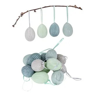 Levandeo® Osterei, 12 Stück Deko Eier Hängedeko Grau Grün Beige Gestreift Ostereier