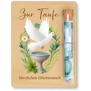 Geldgeschenk Kommunion Holz Karte mit Reagenzglas Set Taube Taufbecken Motiv Zur Taufe Geschenk Idee Für Paten kommunion geschenke für mädchen kommunion geschenk junge Deko