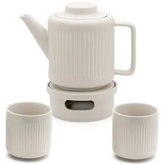 Bredemeijer Teekanne Set 1.2 Liter weißes Porzellan mit Edelstahl Tee-Filter Sieb-Einsatz für losen Tee & Teebecher 2 Stück & Stövchen für 1 Teelicht - ideal für duftende & blumige Teesorten