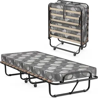COSTWAY Gästebett 80x190cm mit Matratze aus Rückstellschaum, Einzelbett klappbar auf Rädern, Metallbett Faltbett Klappbett bis 130kg belastbar Grau - Grau