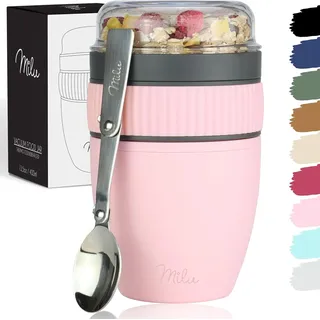 Milu Müslibecher to go 400ml MüsliMax Plastik Joghurtbecher für Müsli I auslaufsicherer Becher mit Löffel für Yoghurt/Porridge (Rosa)