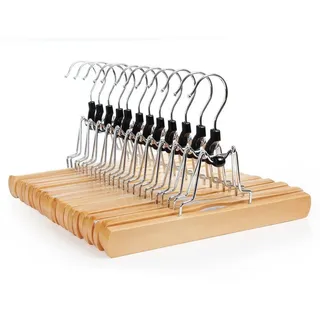 Songmics 12 Stück Kleiderbügel aus Holz, Einfachbügel mit Spannklammern, natur, 25cm breit,