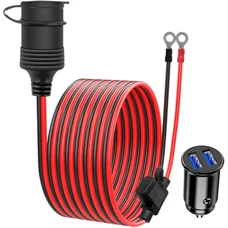 Giantdeer 2M Auto Wasserdichte Zigarettenanzünderbuchse, 15AWG 20A Anschlusskabel, 12V Verlängerungskabel Zigarettenanzünderbuchse mit Ringklemmen, 12-24V Dual USB Mini Autoladegerät für Auto/Motorrad