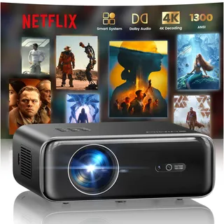Smart Beamer, jetzt mit Netflix, Dolby Audio, WiMiUS 1300 ANSI Autofokus/6D Trapezkorrektur Led Beamer 4K Heimkino Unterstützt, WiFi Bluetooth Full HD 1080P Outdoor Deckenmontage Projektor für Handy