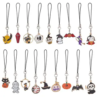 SUPERFINDINGS 18 Stück Handygurte Mit Halloween Motiv Und Nylonschnurschlaufe 7~9 cm Geister Kürbis Hexe Modisches Telefon Lanyard Band Telefonkettenband