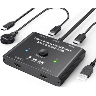 USB C Switch 2 PC 8K@60Hz 4K@120Hz, Bidirektionaler USB C Switcher für 2 PCs, 2 in 1 out/1 in 2 out, 10Gbps Datenübertragung, 100W Aufladen, Type c KVM Switch mit Wired Remote und 2 USBC cables
